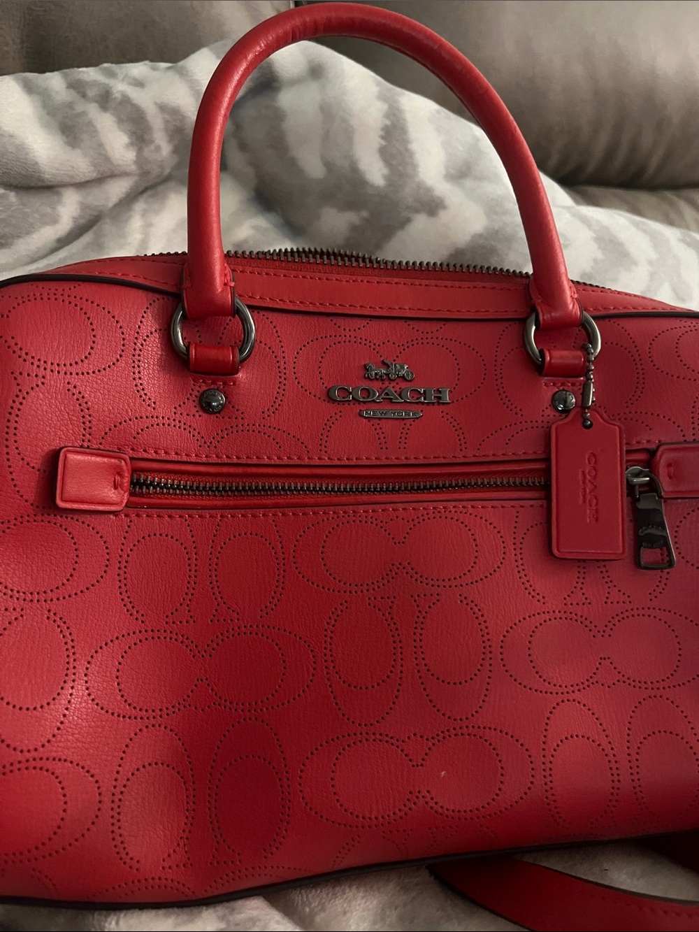 Coach Red Perforated Signature Leather Satchel - Picture 5 of 5